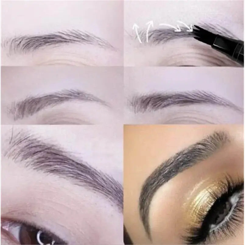 Collage of eyebrow grooming and makeup application steps.