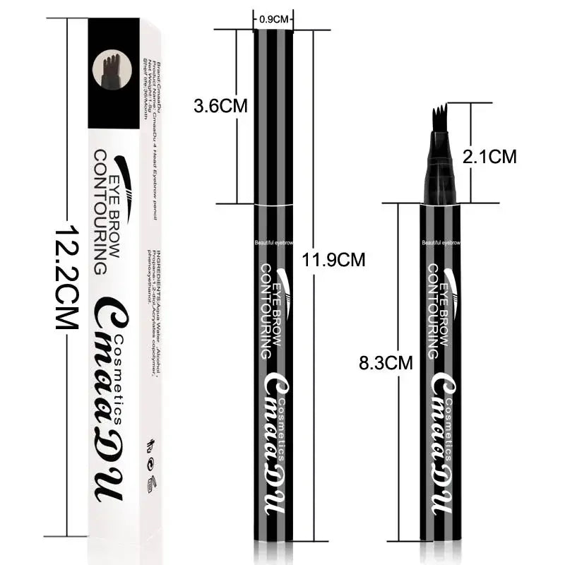 Eyebrow pencil with measurements and packaging details shown.