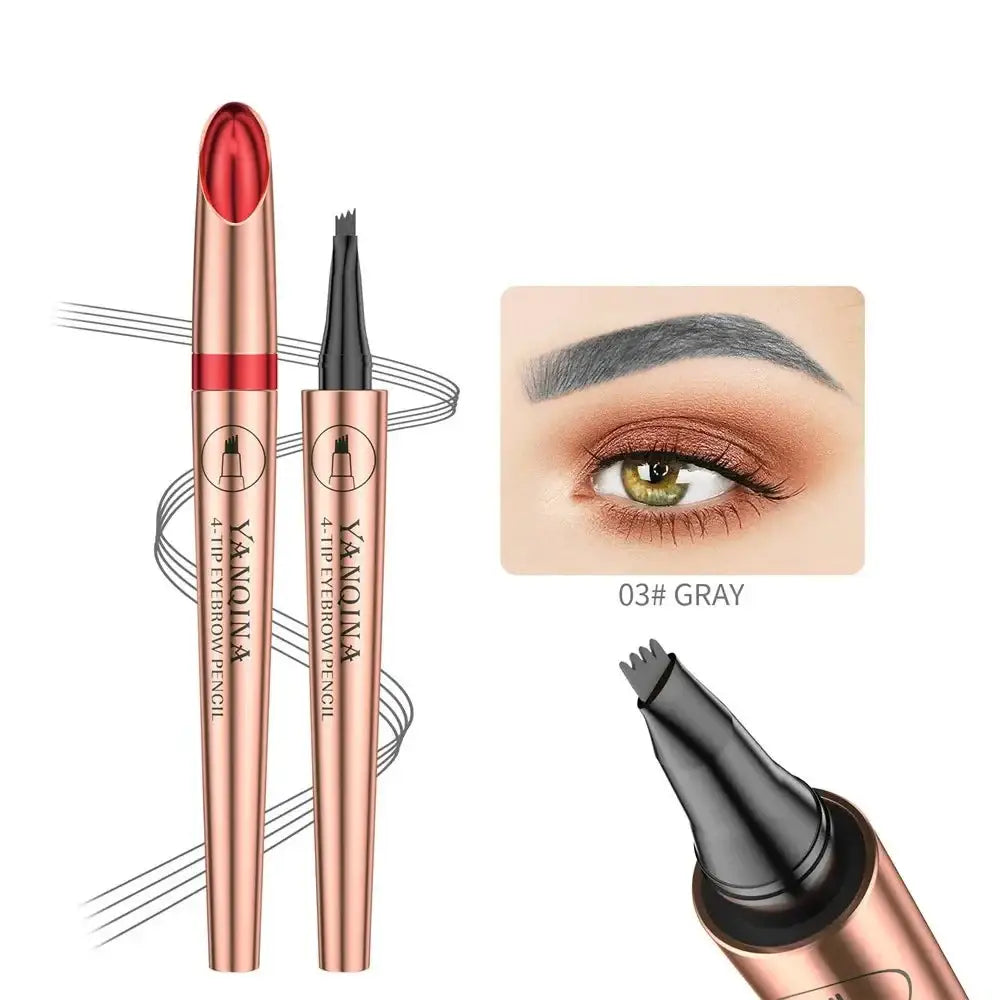 Metallic rose gold makeup pen with a red lipstick-like tip and a fine point eyeliner end.