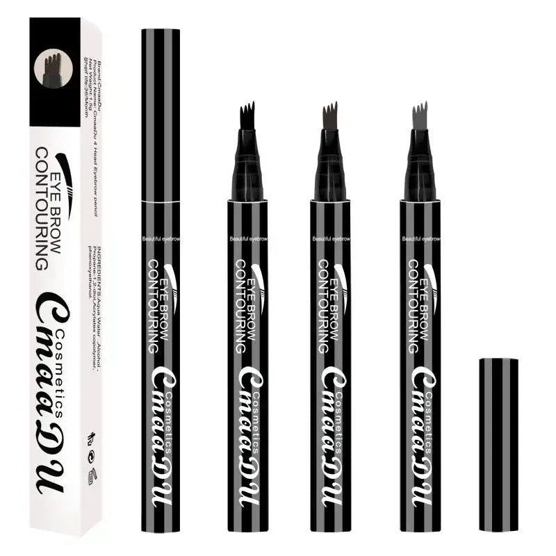 Eyebrow pencils with fork-tipped applicators for creating microblading effects.