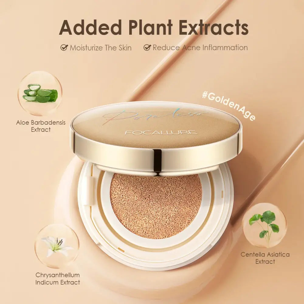 Compact cushion foundation with a golden metallic case and beige-toned product visible inside.