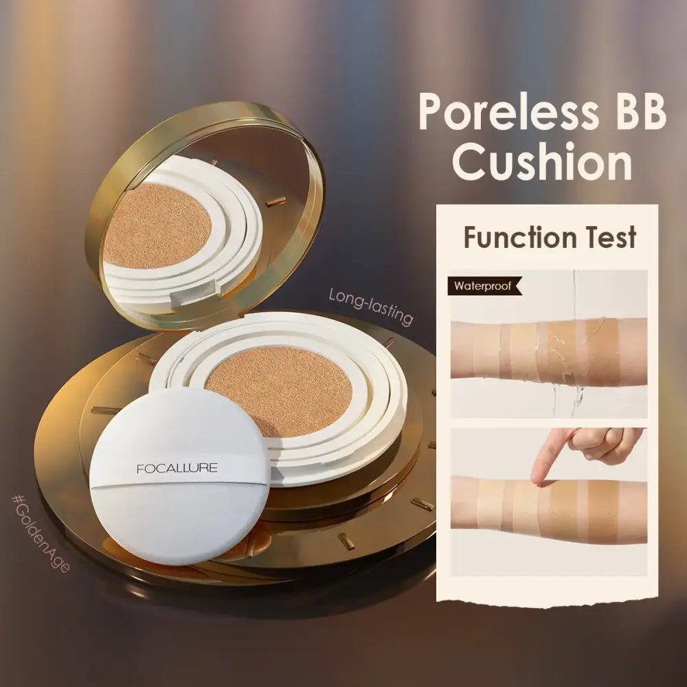 Compact makeup cushion foundation in a round gold case with an accompanying puff applicator.