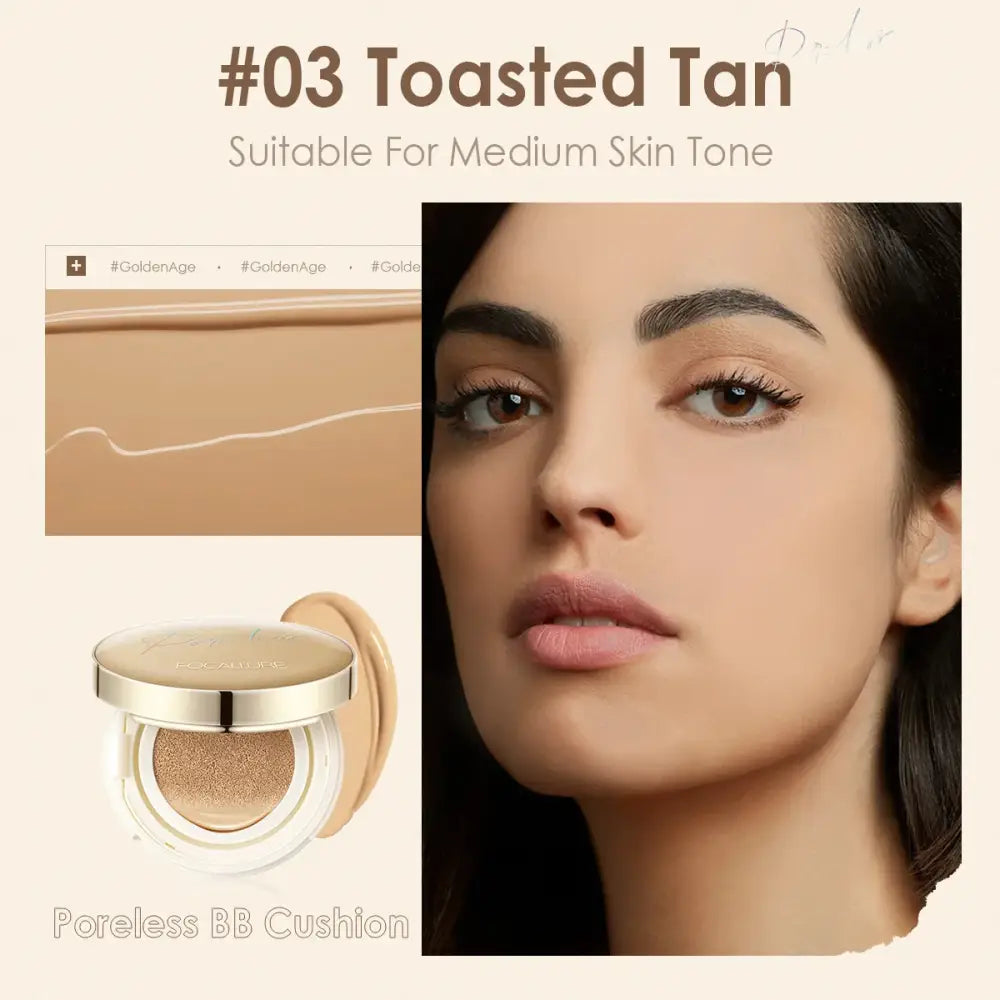 Compact makeup cushion foundation in shade ’#03 Toasted Tan’ for medium skin tones.