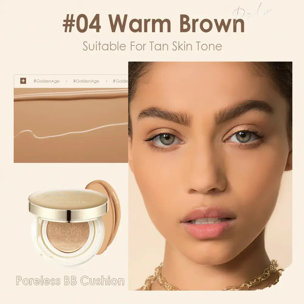 Compact makeup cushion foundation in warm brown shade for tan skin tones.