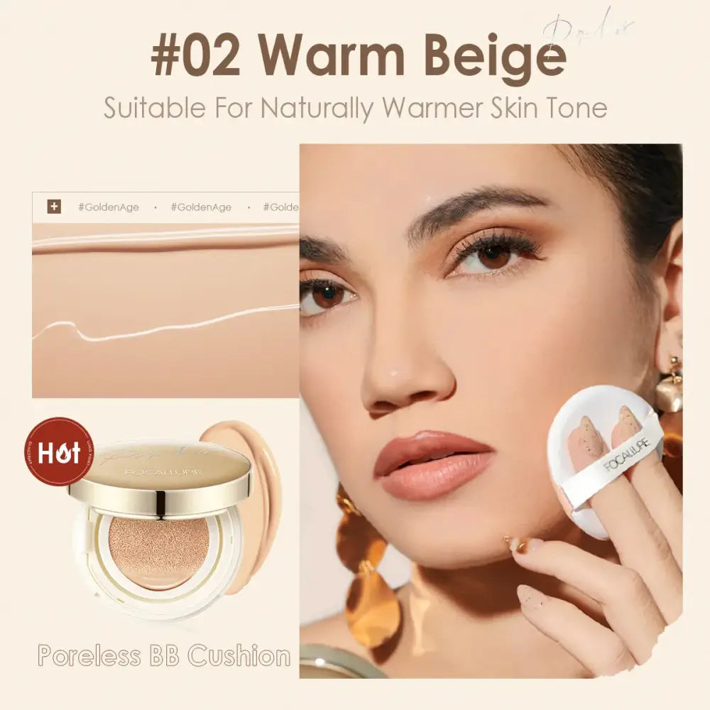 Compact makeup cushion in warm beige shade for naturally warmer skin tones.