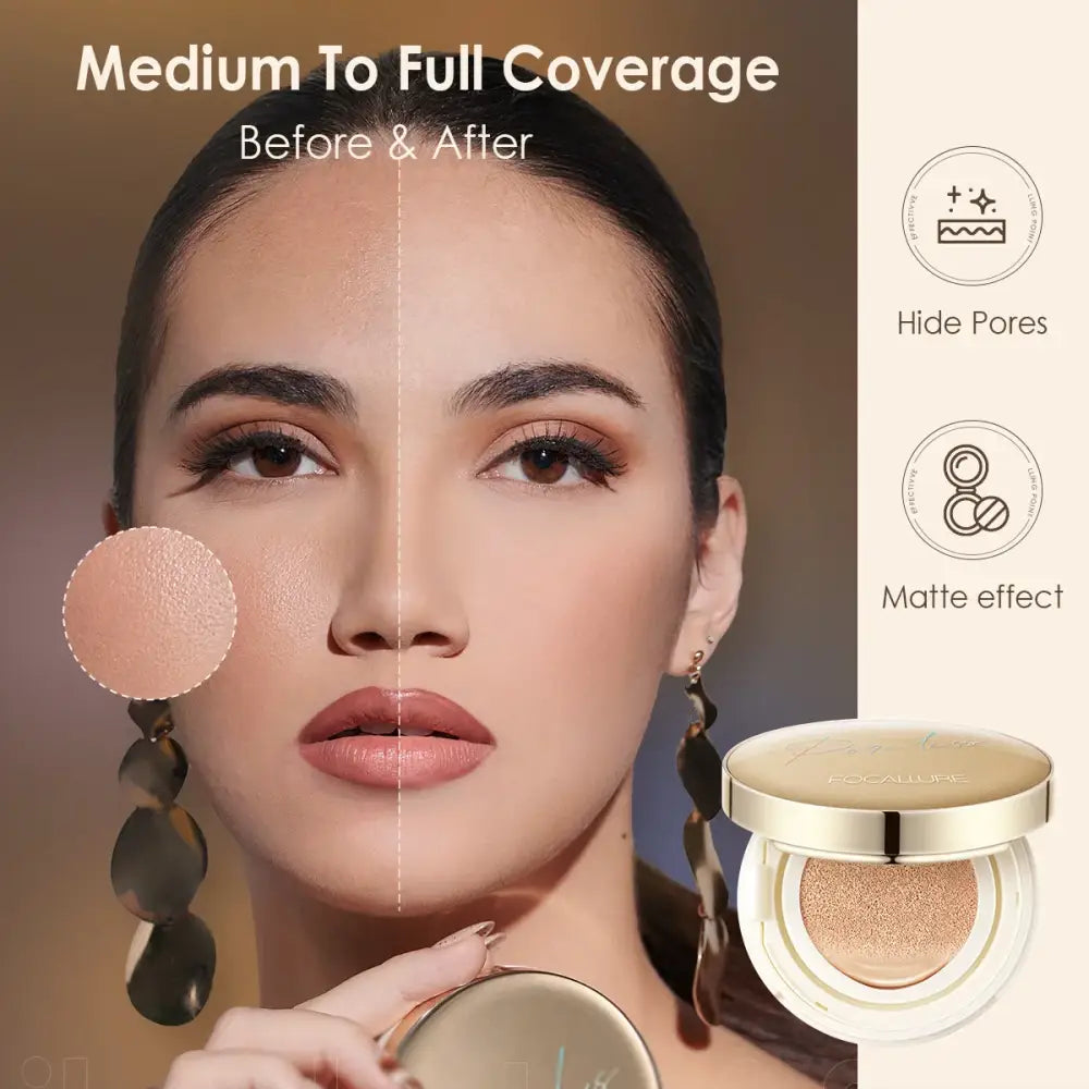 Split-screen portrait showcasing makeup coverage effects on a woman’s face.