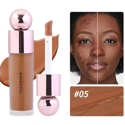 Foundation makeup bottle with a spherical pink cap and swatches of the product shade.