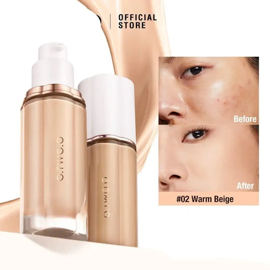 Foundation bottles in gold-toned packaging with a before and after skin comparison.