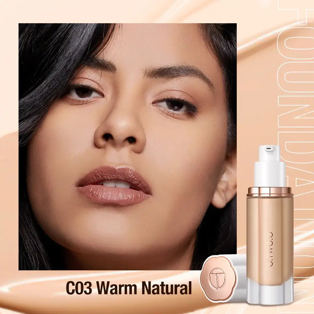 Close-up portrait of a woman with glossy lips and flawless skin, alongside a foundation bottle labeled ’C03 Warm Natural’.