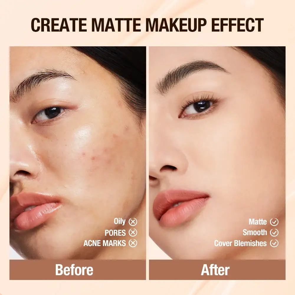 Before and after comparison of matte makeup application on a person’s face.