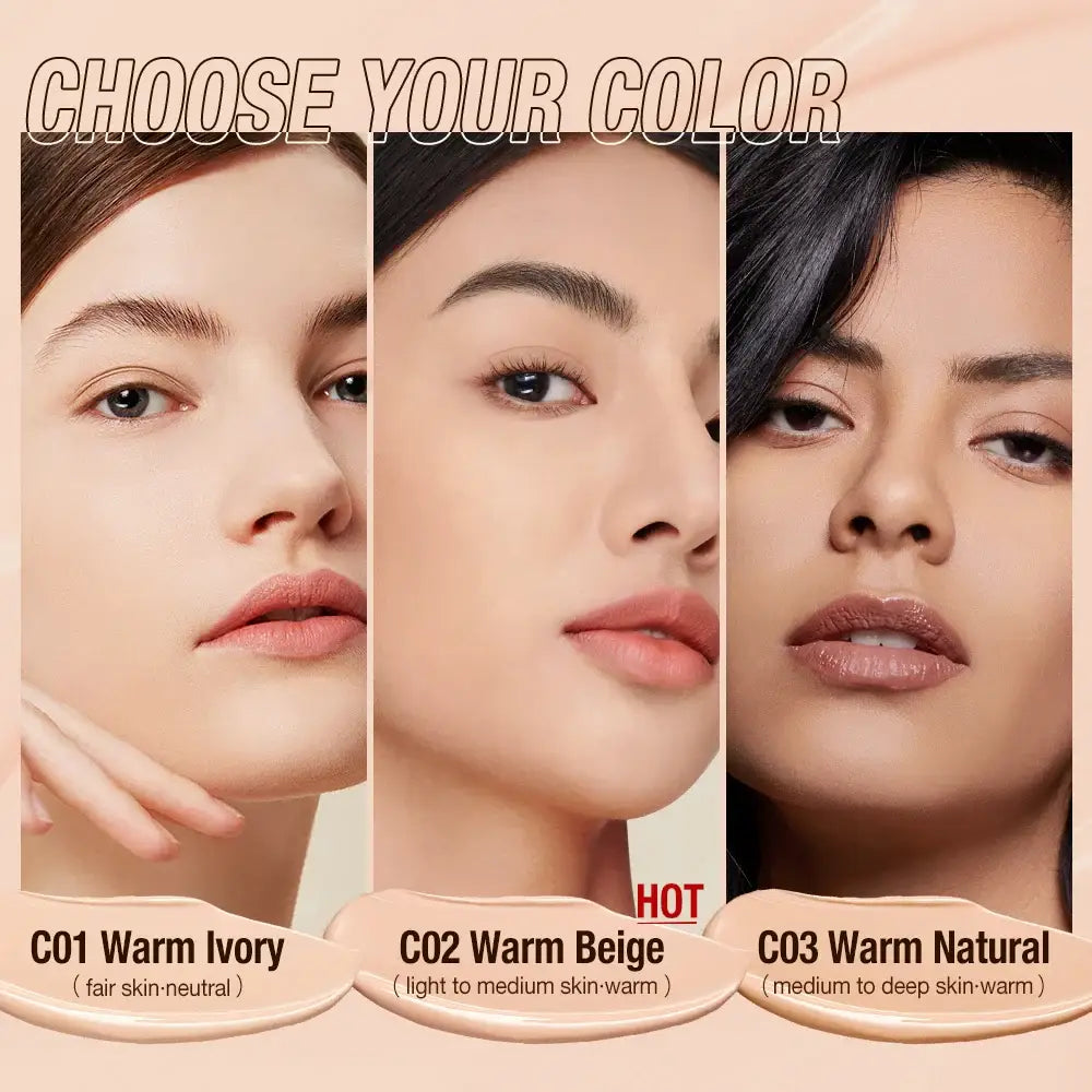 Makeup advertisement showcasing three foundation shades for different skin tones.