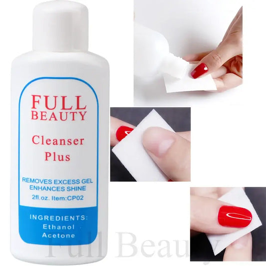 Bottle of ’Full Beauty Cleanser Plus’ nail polish remover with accompanying usage demonstration images.