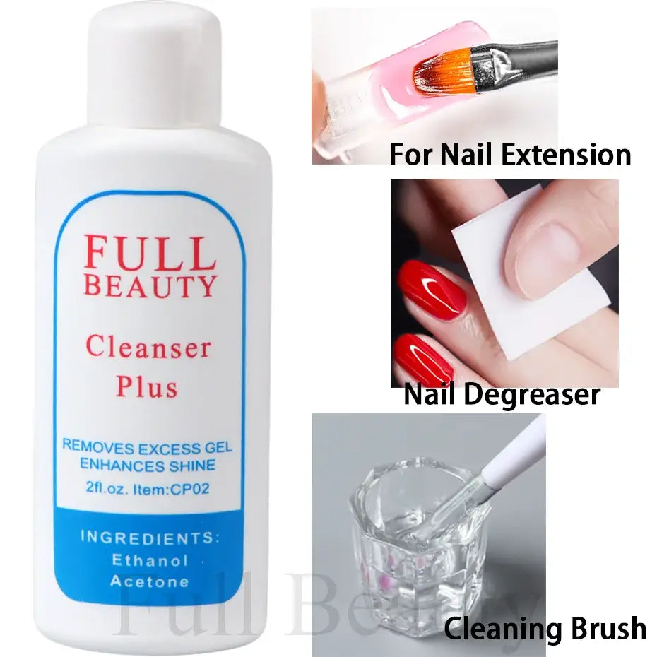 Bottle of nail cleanser labeled ’Full Beauty Cleanser Plus’ with ingredient information.