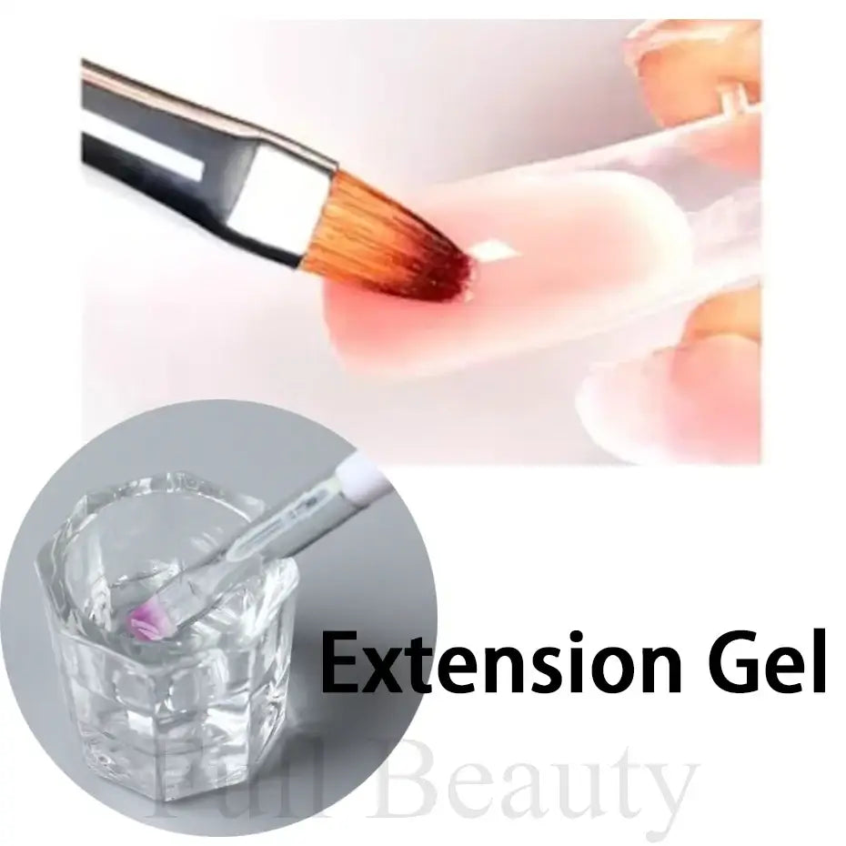 Extension gel for nail applications, shown with a brush applying pink gel to a nail.