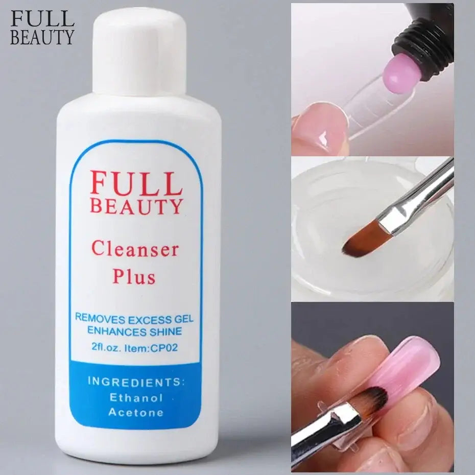 White bottle of ’Full Beauty Cleanser Plus’ for removing excess nail gel.