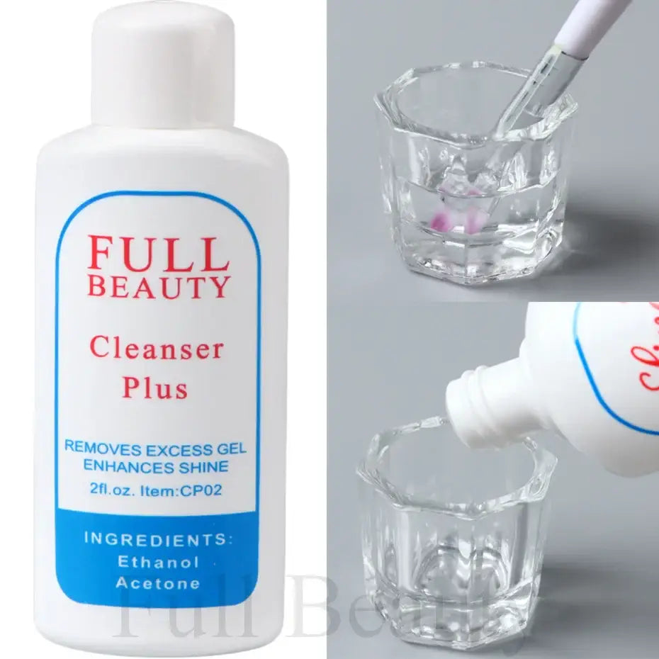 White plastic bottle labeled ’Full Beauty Cleanser Plus’ for removing excess gel and enhancing shine.