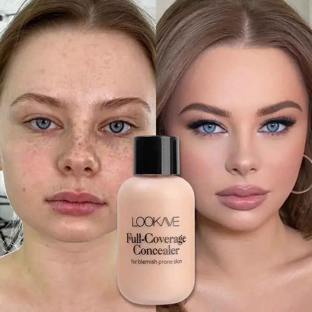 Bottle of ’LOOKME Full-Coverage Concealer’ makeup product.