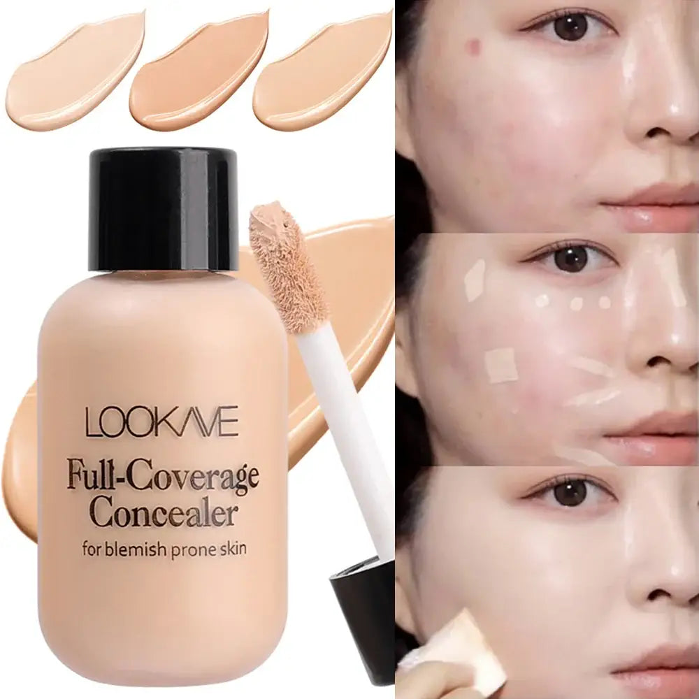 Full-coverage concealer for blemish-prone skin by LOOKME, shown with swatches and before/after application examples.