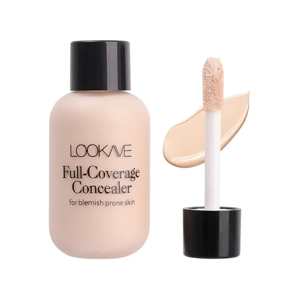 Full-coverage concealer product with a bottle and applicator wand.