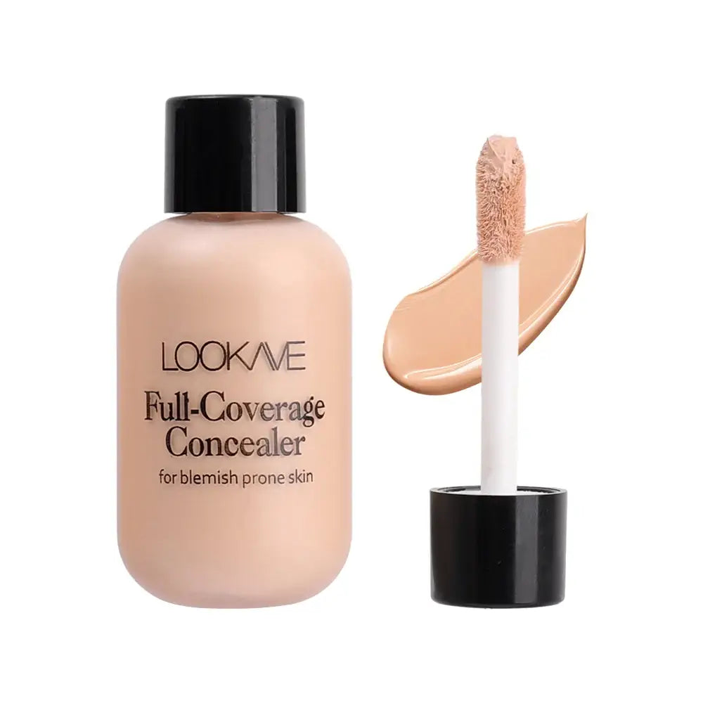 Full-coverage concealer product with a bottle and applicator wand.