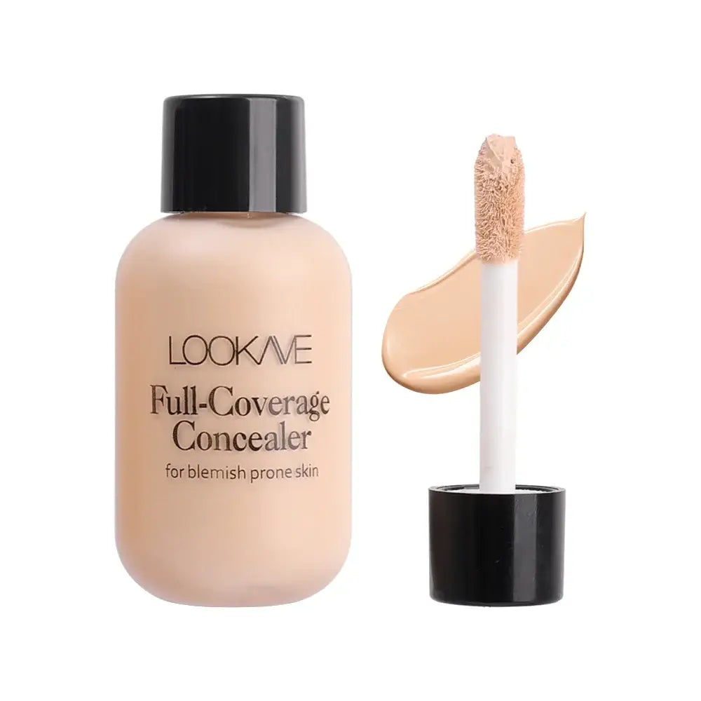 Full-coverage concealer product with bottle and applicator wand.