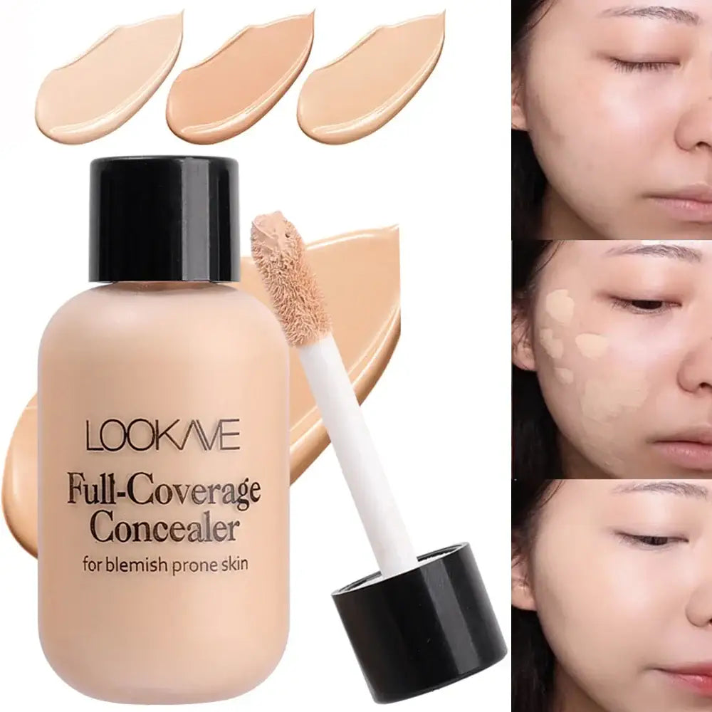 Full-coverage concealer product for blemish-prone skin with accompanying swatches and before/after application images.