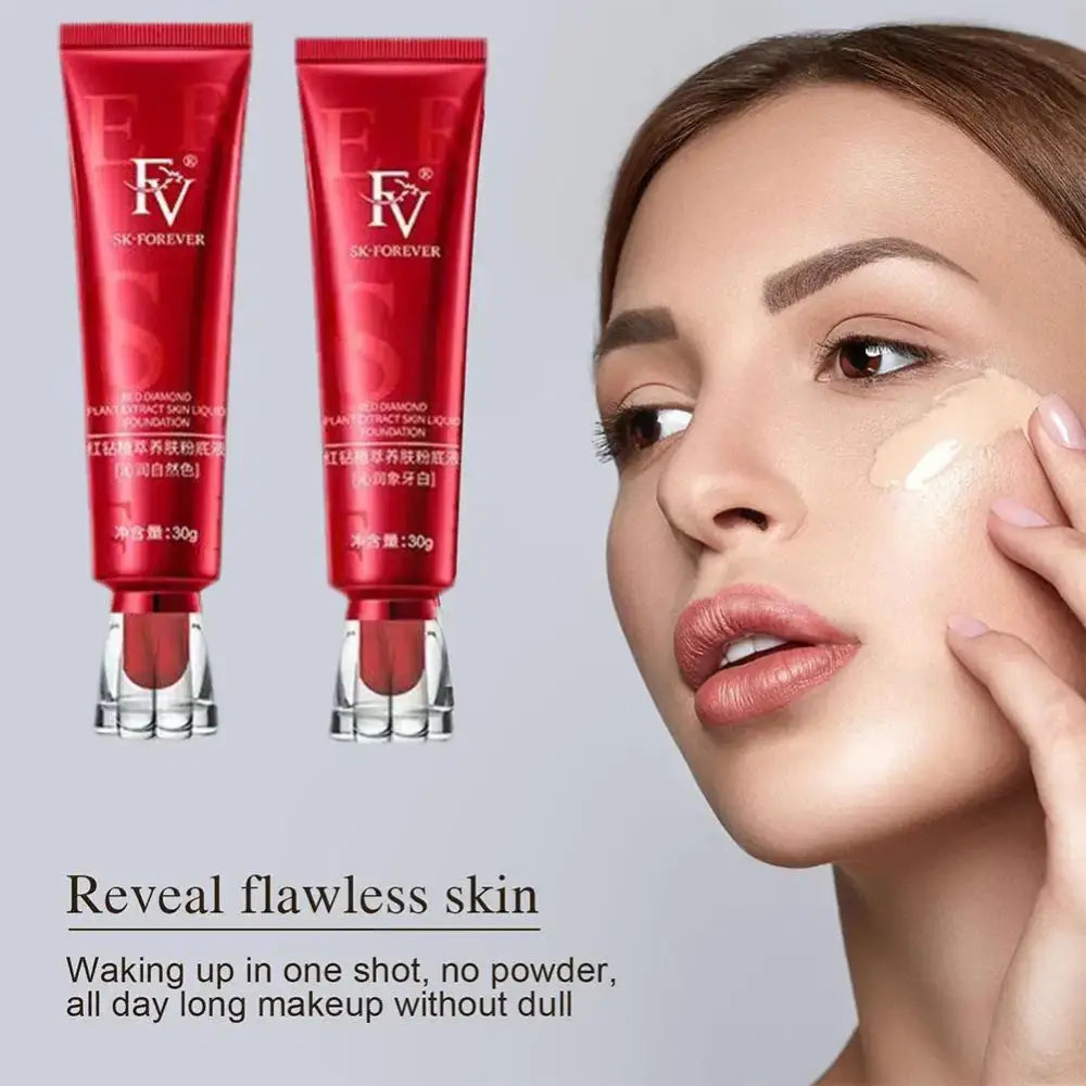 Red cosmetic tubes labeled ’FV’ alongside a beauty advertisement featuring a close-up of a woman’s face.