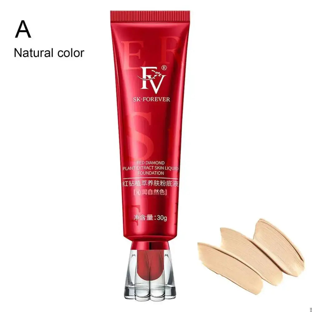 Red tube of cosmetic foundation or BB cream labeled ’EV’ with a sample of the product color shown.