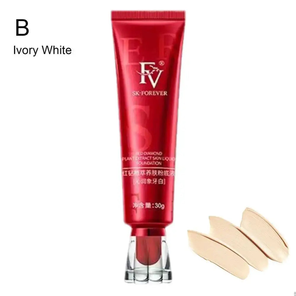 Red tube of ’RY’ brand cosmetic product labeled ’Ivory White’ with a crystal-like base.