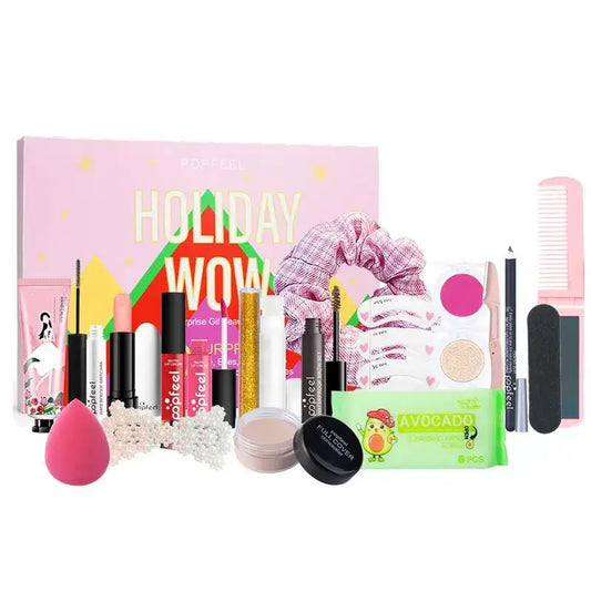 Cosmetics and beauty product set with various makeup items and accessories.