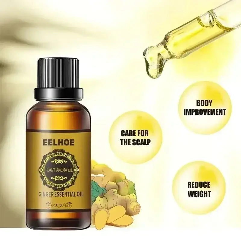 Amber glass bottle of ginger essential oil with product benefits listed beside it.