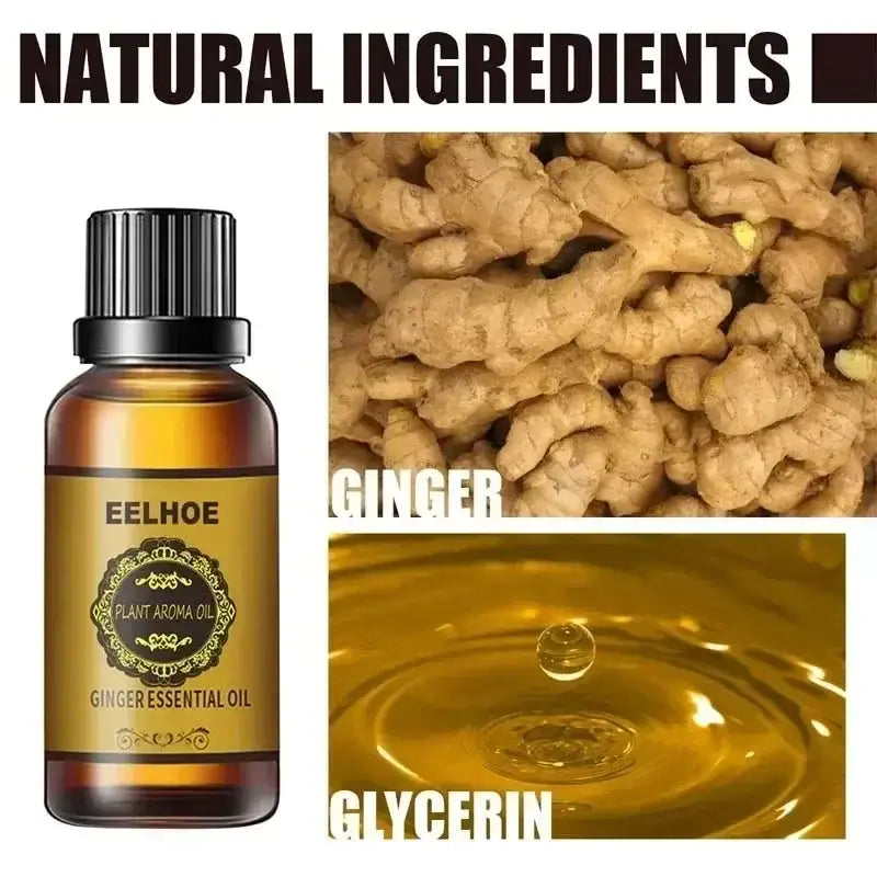 Amber glass bottle of ginger essential oil.