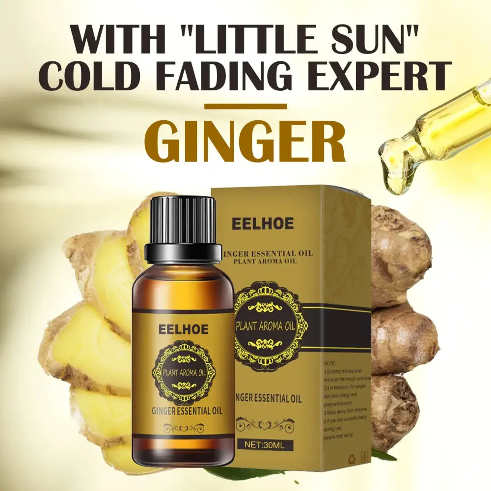 Bottle of ginger essential oil with its product packaging.