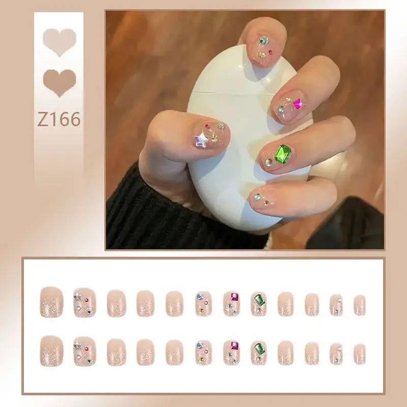 Set of decorative artificial nails with cute character designs.