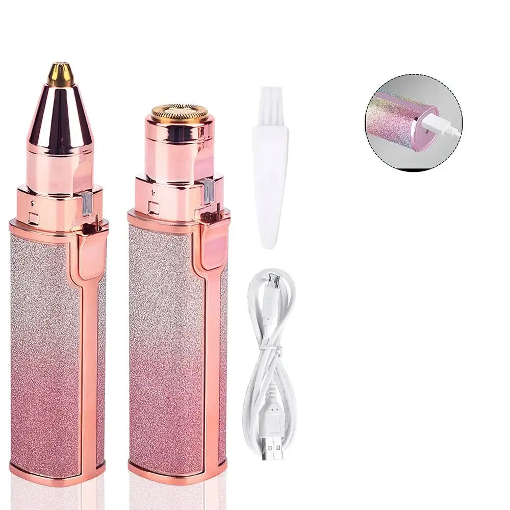 Glittery pink and rose gold electric facial hair removal device with charging cable and accessories.