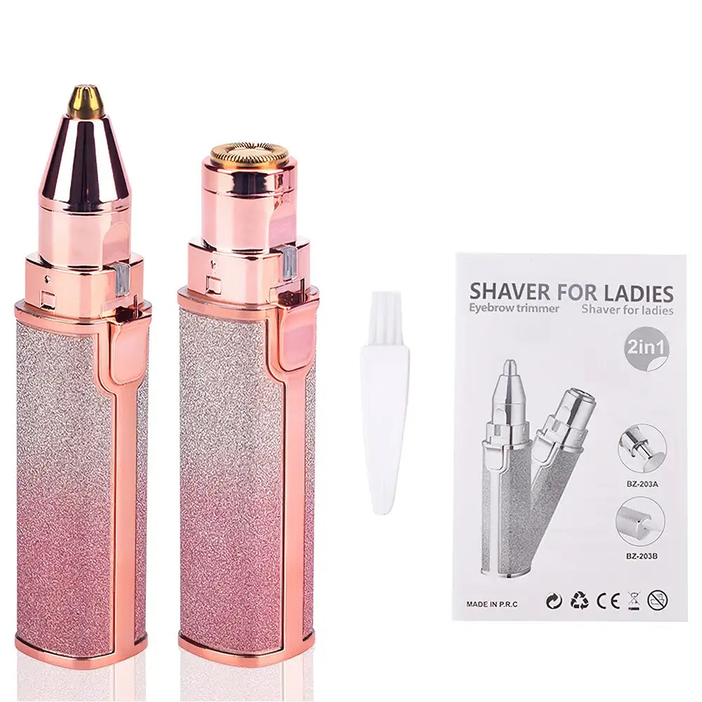 Glittery pink electric facial hair trimmer or shaver for women with two attachments.