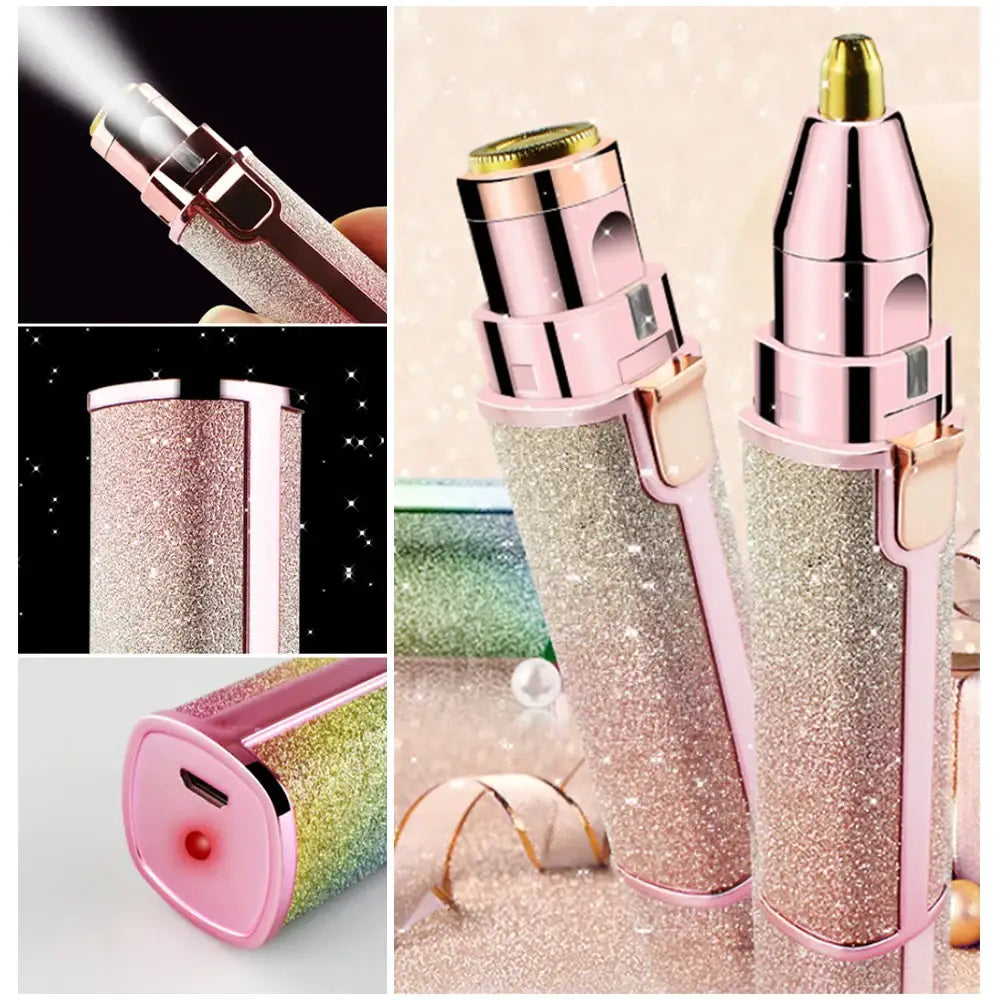 Glittery pink electronic cigarette or vape device with metallic accents.