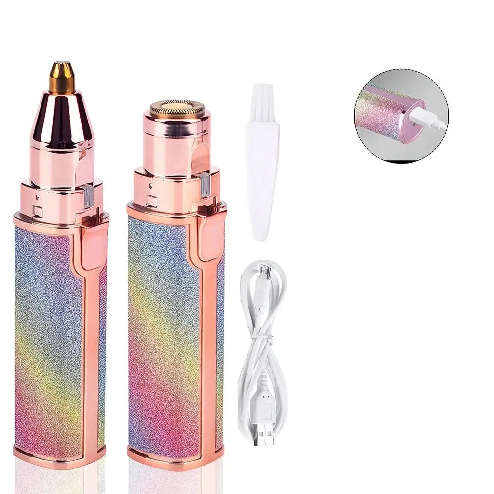 Glittery rainbow-colored electronic cigarette or vape device with rose gold accents.