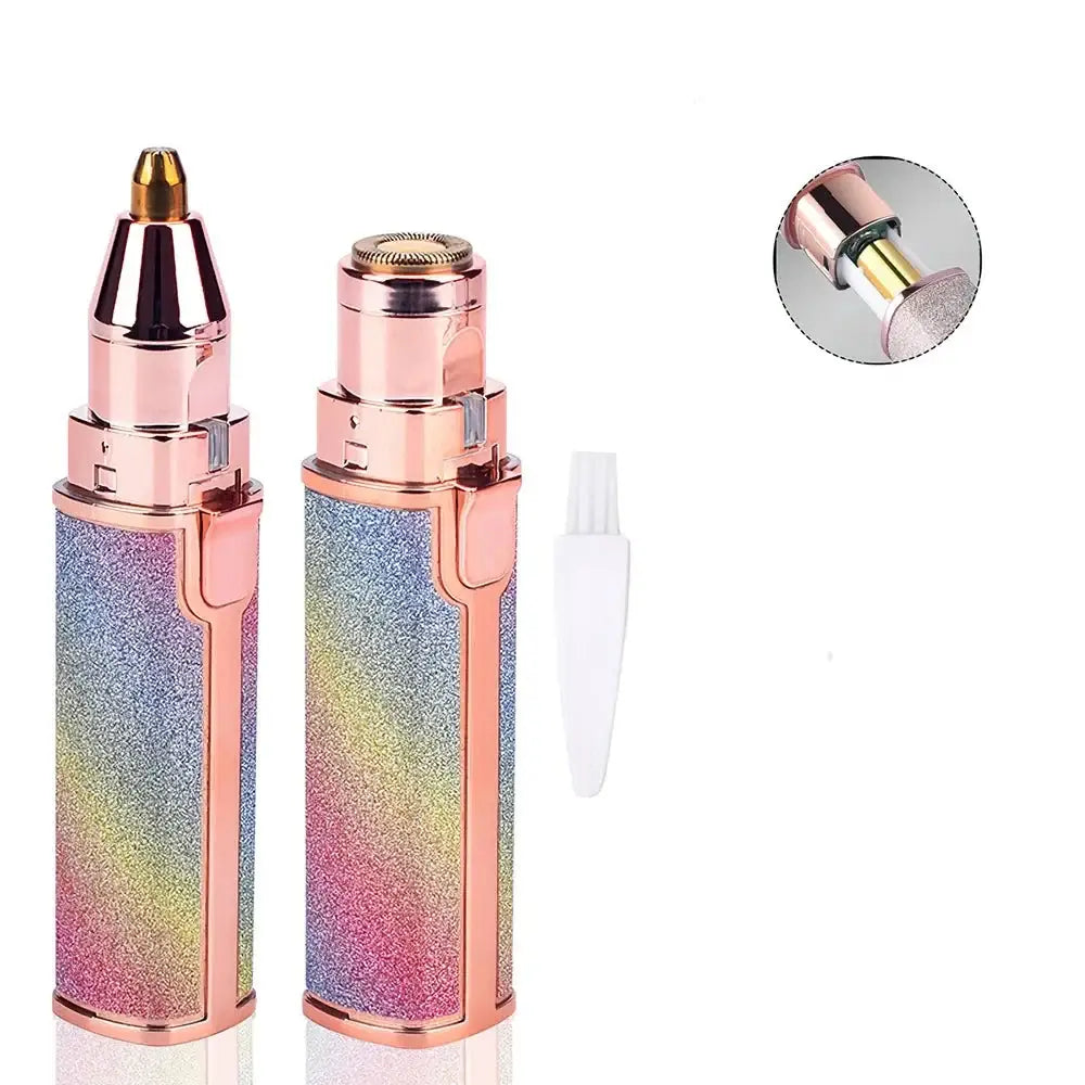 Glittery rainbow-colored lipstick-shaped container with rose gold accents and a detachable brush applicator.