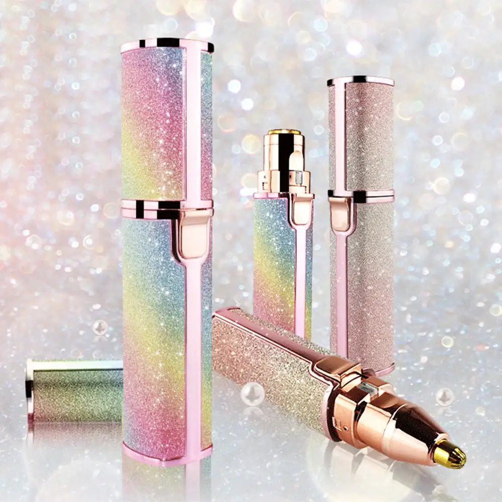 Glittery, rainbow-colored lipstick tubes with metallic accents.