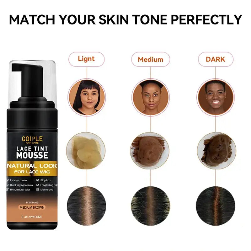 Bottle of Ganjue Lace Tint Mousse for matching skin tone, shown alongside color swatches and face examples for light, medium, and dark skin tones.