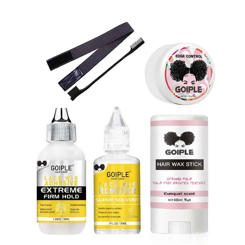 Collection of hair styling products from the brand Goiple, including gels, wax, and edge control.