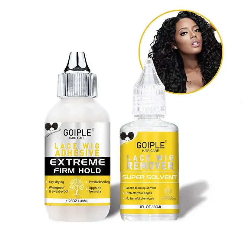 Hair care product bottles labeled ’Goiple Lace Wig Extreme Firm Hold’ and ’Super Solvent’.