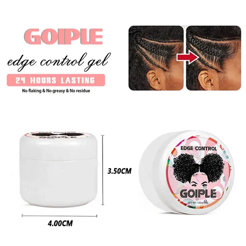 Hair edge control gel product in a white container with colorful label featuring a stylized illustration.