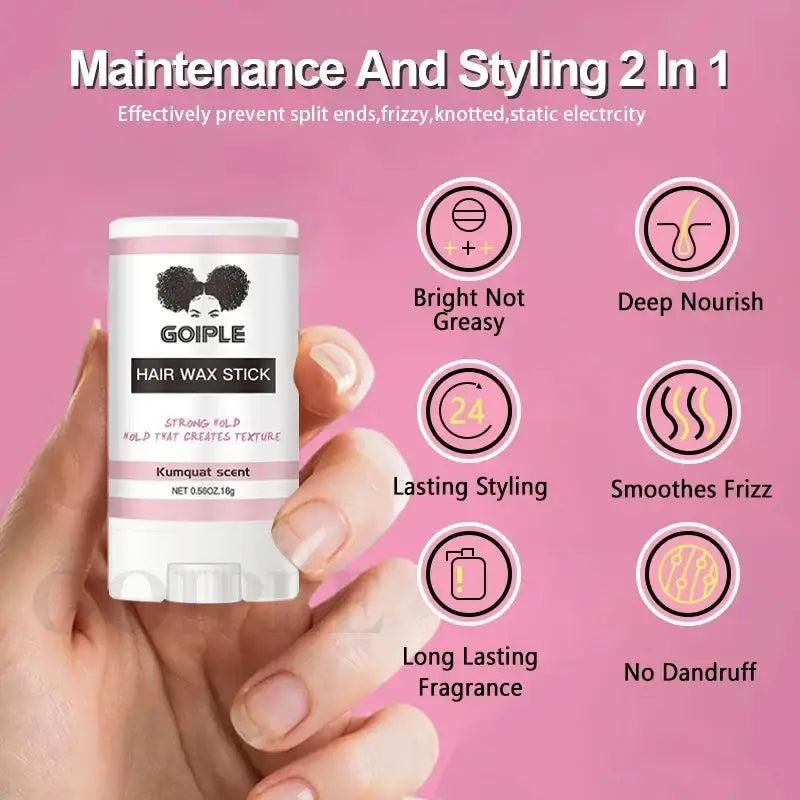 Hair wax stick product held in a hand against a pink background with feature icons.