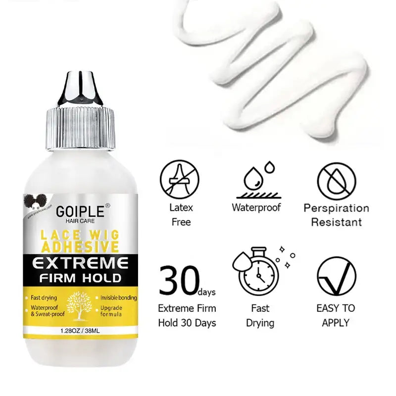 White bottle of eyelash glue with product features listed beside it.