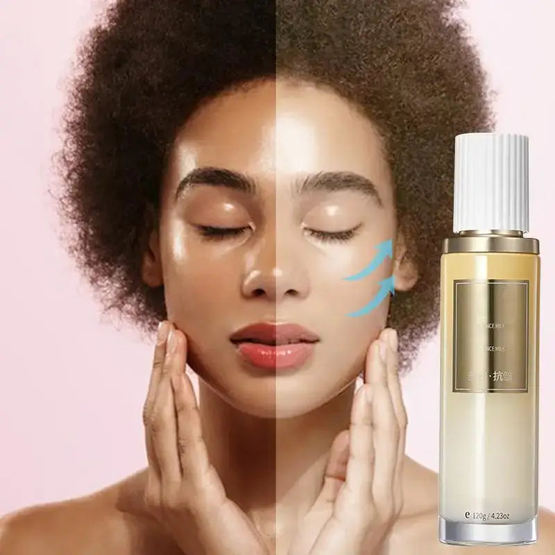 Woman with curly hair and closed eyes, shown in a split-screen effect demonstrating skincare product application.