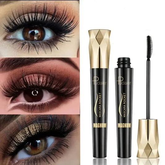 Mascara product with gold and black packaging alongside eye makeup examples.