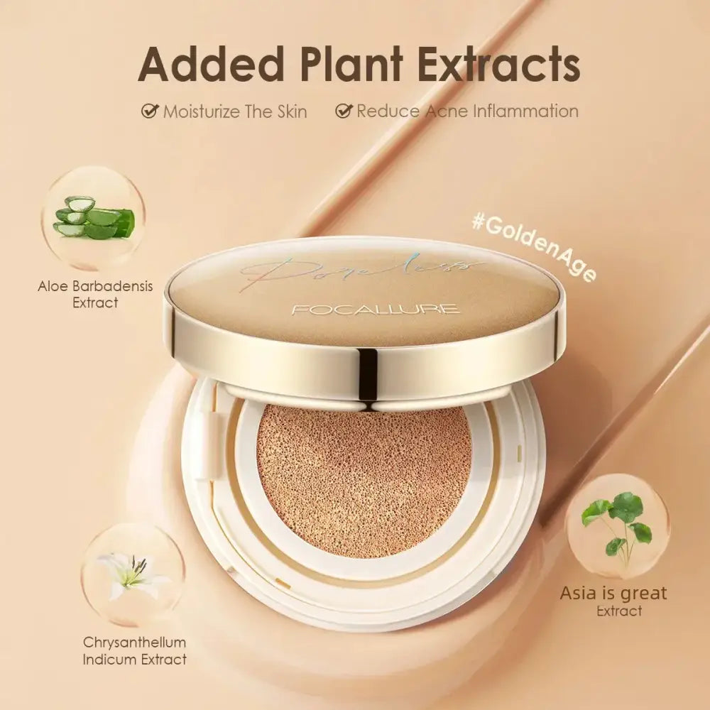 Compact cushion foundation with a golden metallic case and beige product visible inside.