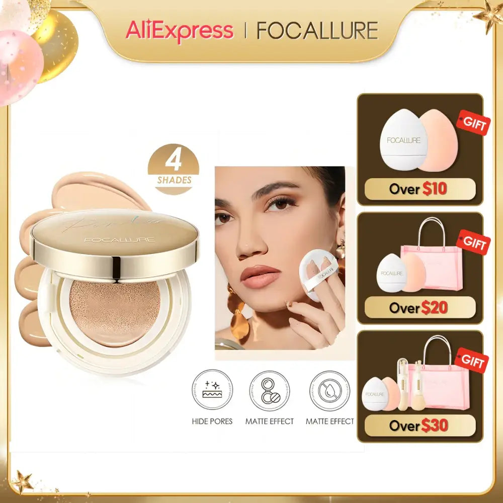 Compact cushion foundation makeup product with a golden lid.